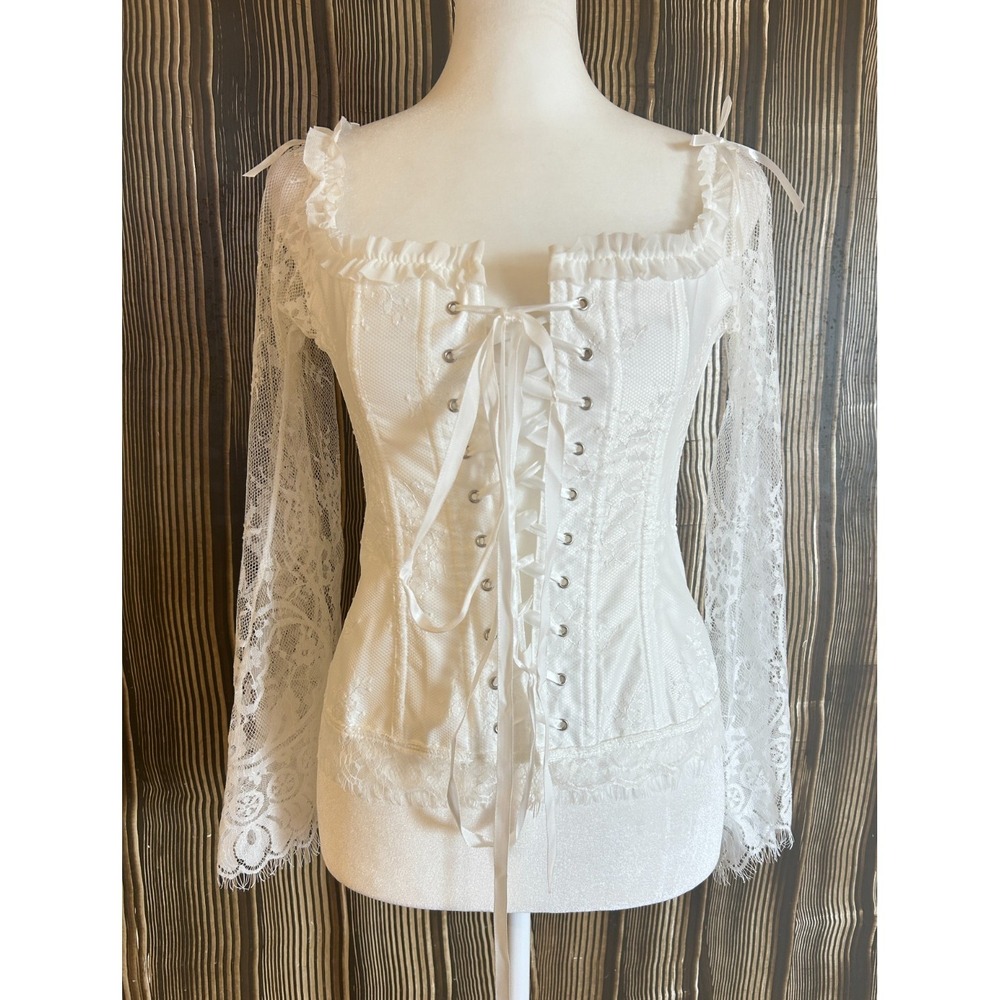 Coquette Lace & Ribbon Corset Top Sz M White Sheer Bell Sleeves Stretch Feminine